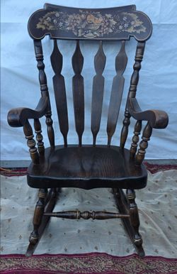 Antique Solid Wood Rocking Chair Hand Carved Hand Painted 45" Tall Arms 26" Wide