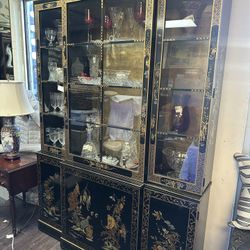 Vintage Drexel Heritage Asian Chinoiserie Black Lacquered & Gold Gilt China Cabinet/ Breakfronts