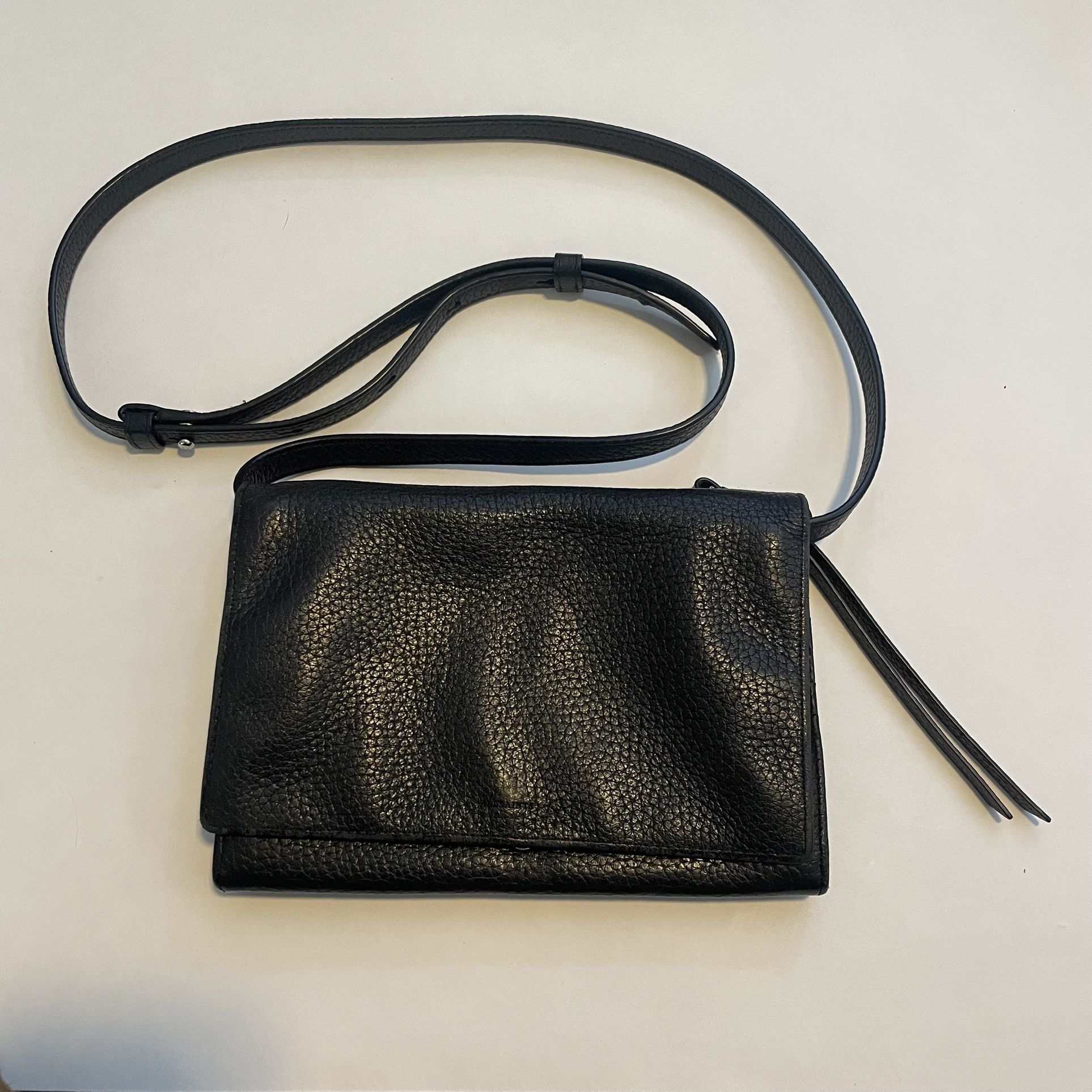 All Saints Fetch Adjustable Strap Pebbled Leather Crossbody Bag Purse Boho Black