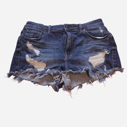 Dark wash denim shorts with frayed hem Size M