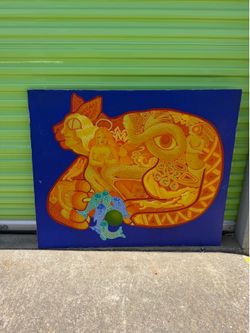 Large Signed Colorful Cat Canvas Painting – 44” x 36” Wall Art