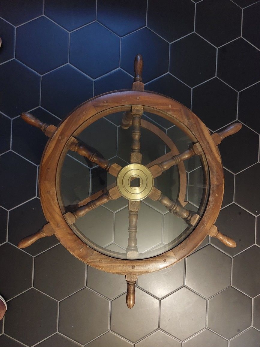 Vintage Ship Wheel End Table Wood Glass Helm Sea Nautical