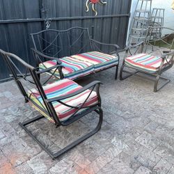 Metal/Fabric Seat Bench w/ 2 Metal/Fabric Seat Chairs & Cushions