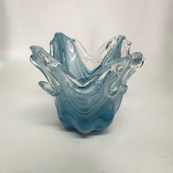 Hand Blown Blue Art Glass Ruffled Base Freeform Murano Style Swirl Sculpture 5”