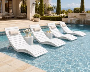 HDPS Collapsible Aquawave Outdoor Chaise Lounge with Headrest, White (Set of 4)