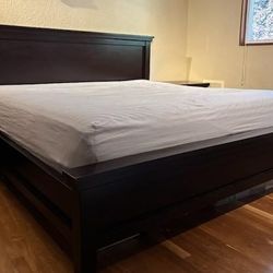 Pottery Barn Farmhouse King size bed frame, two end tables and a double wide dresser