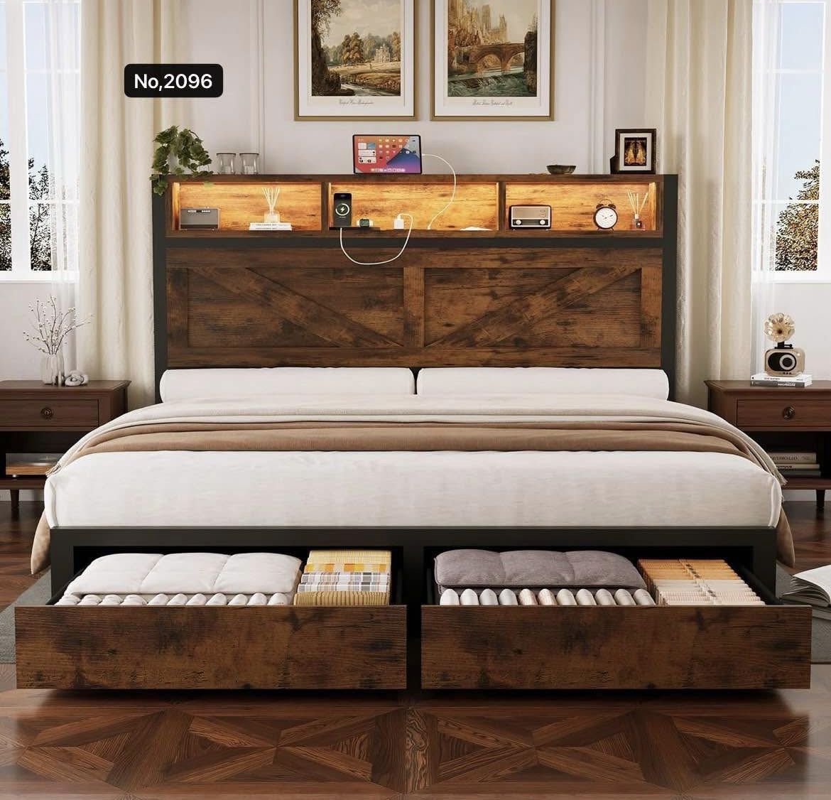 Full Bed Frame with Bookcase Storage Headboard, Charging Station, LED Light and 2 Storage Drawers, Brown
