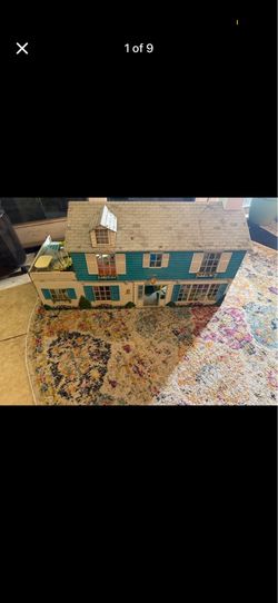 Vintage Dollhouse w/ Furniture 2 Story Plastic Blue Colonial House Toy Lot