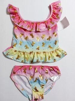 Girls Unicorn Ombre 2-Piece Swimsuit Ruffle Top Gold Foil Print Size 12 NWT