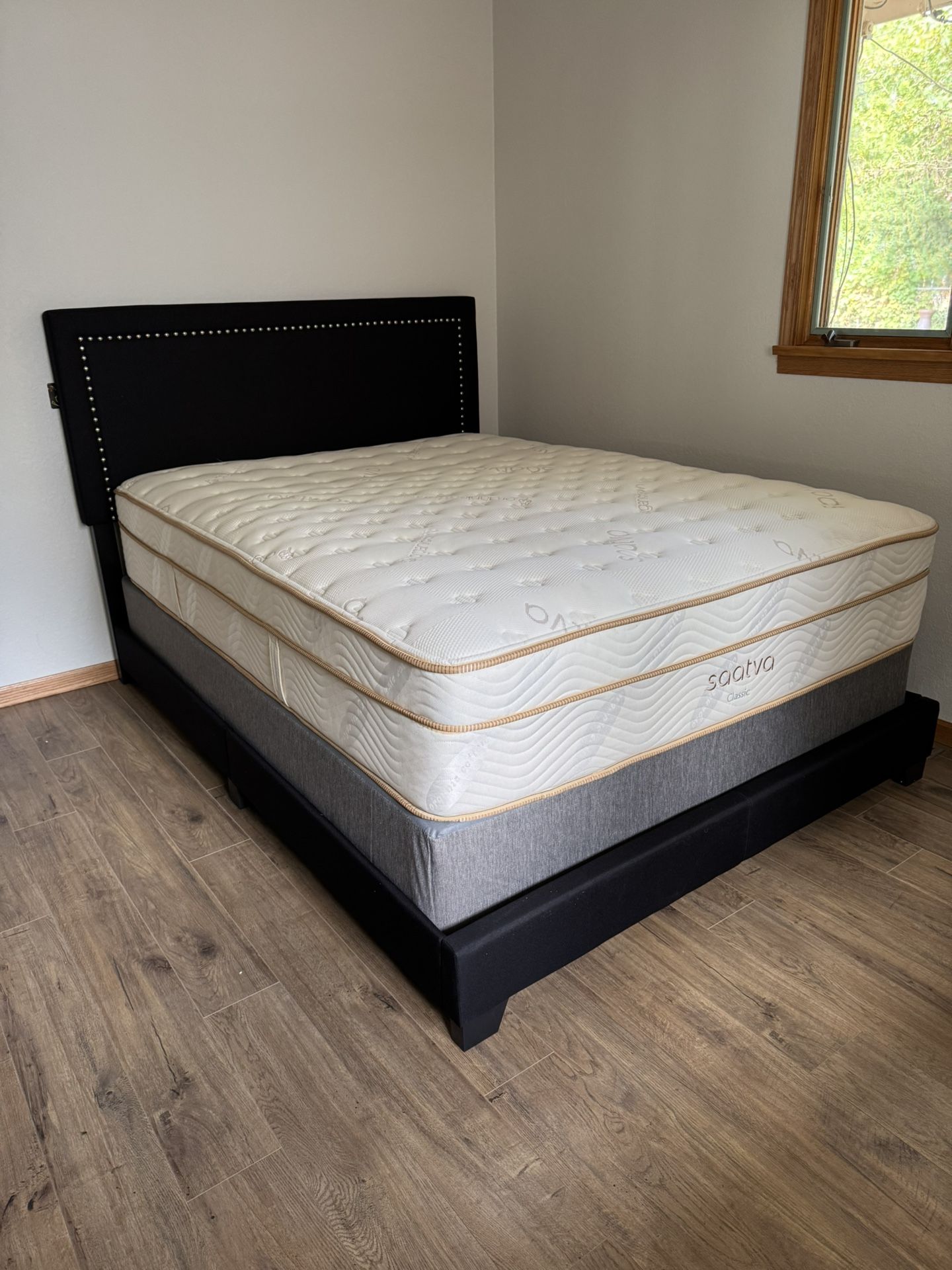 Brand New Cloth Bed Frame With 12 Inch SAATVA Pillow Top Mattress And Box spring