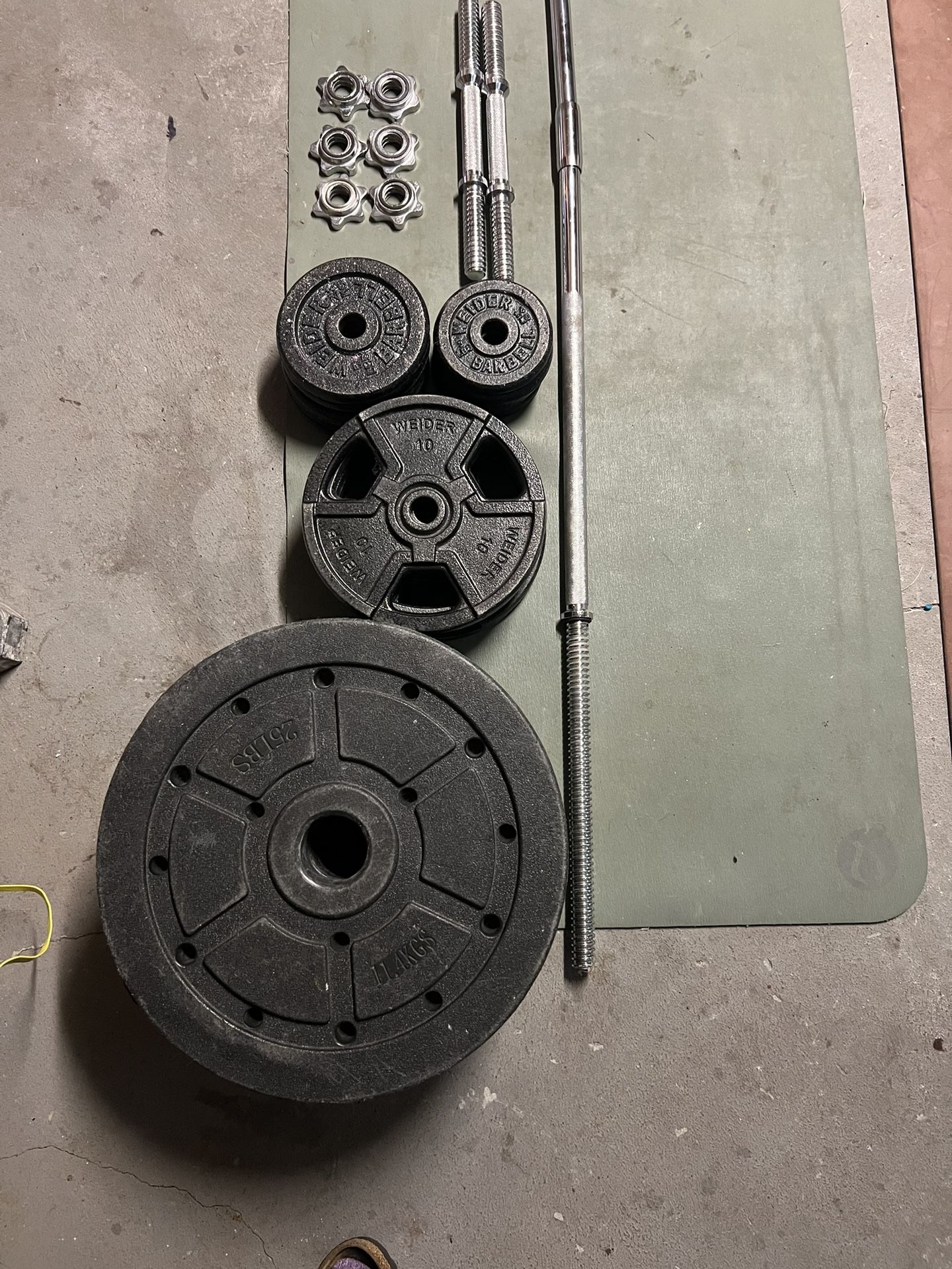 1” Weights, Barbell, Dumbbells. 170lbs in weights.