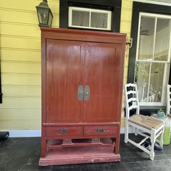 Red Asian Wood Armoire Cabinet Vintage Antique 