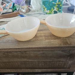 Vintage Fire King Bowls Peach Luster Beehive Handle Anchor Hocking Oven. Set 2