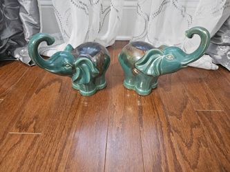 Pair of Teal Glazed Ceramic Elephant Figurines