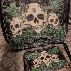 Skull And Green Rose Tote And Wallet