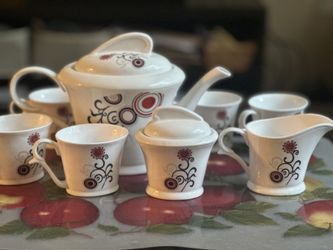 Elegant Porcelain Tea Set for 6 - Red and Black Floral - 15 Piece Set