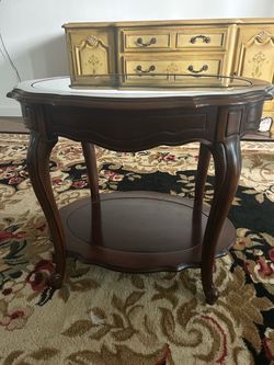 Dark Wood Oval End Table with Glass Top