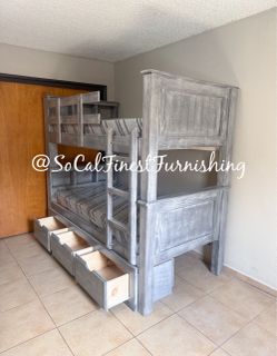 Grey twin bunk bed and mattress with drawers