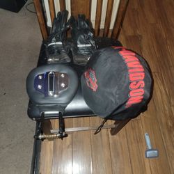 Harley Davidson 2 Pair of Leathers Gloves, Backrest, Helmet.