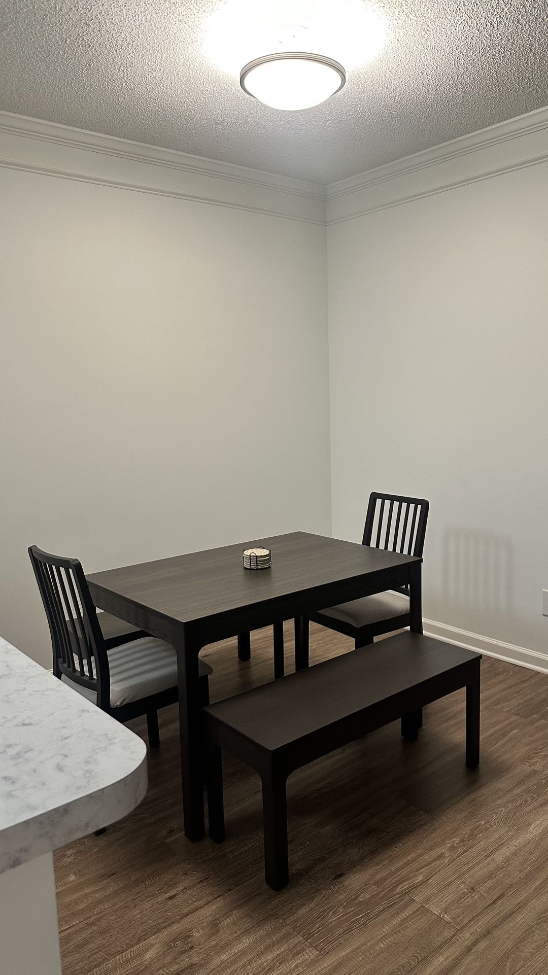 •Modern Extendable Dark Wood Dining Table Set – 2 Chairs & 2 Benches