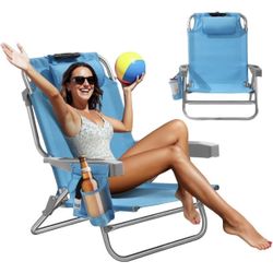 Aluminum Lay Flat, Compact, Portable Backpack Low Beach Chair, with Cooler & Storage Pouch, Blue
