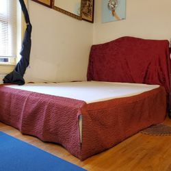 Ikea full size bed frame and boxspring+free bed skirt headboard+a can free beverage