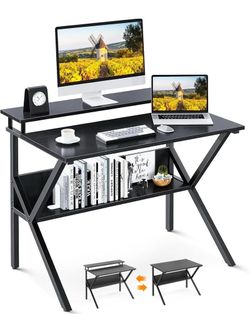 ODK 27.5 Inch Small Desk with Storage & Monitor Stand, Black Small Computer Desk for Small Spaces, Study Desk for Bedroom
