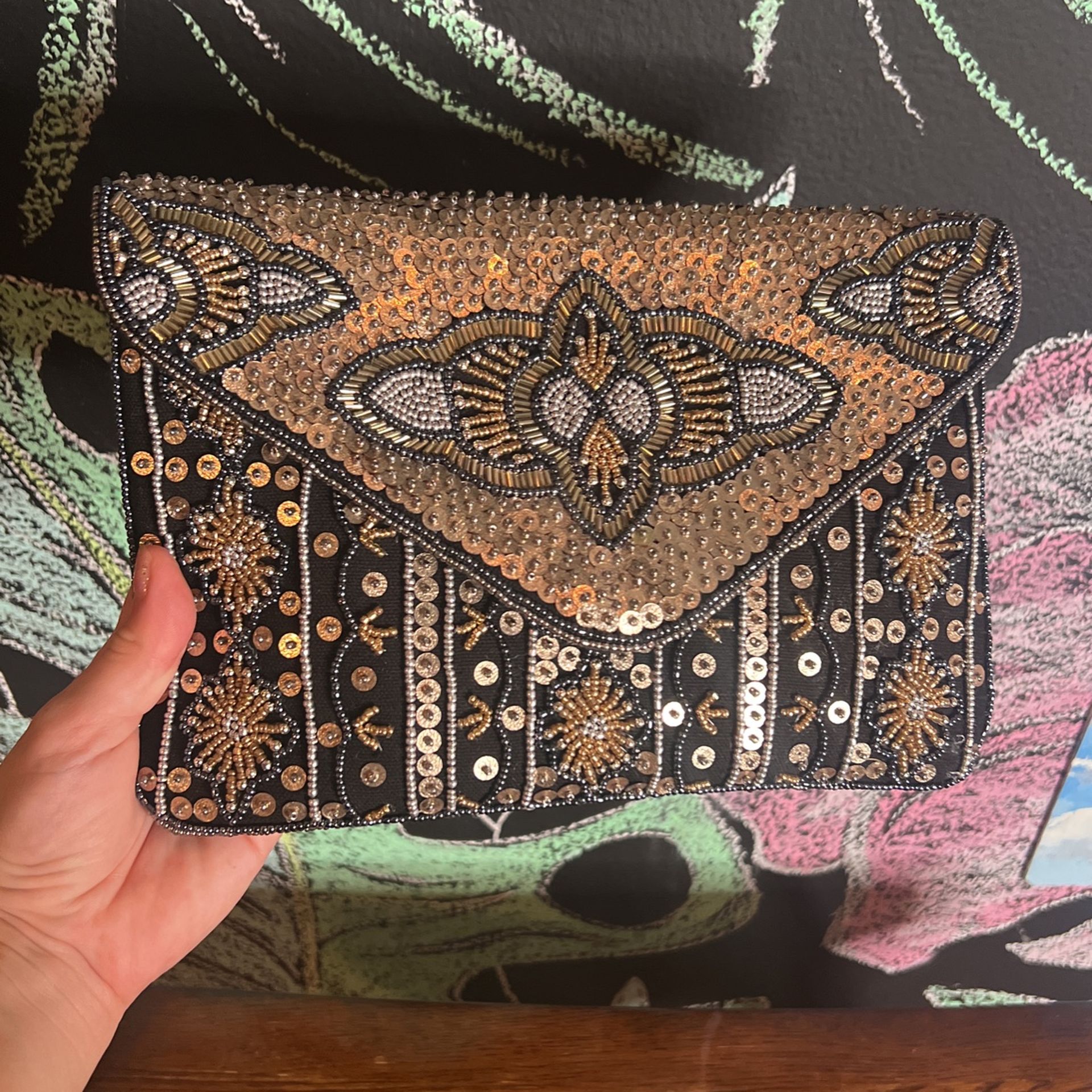 Fun Beaded Black, Silver And Gold Hand Bag