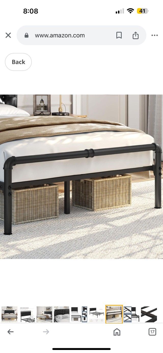 Queen Bed Frame Metal Platform Bed with Faux Leather Height Adjustable Headboard, 12 Inch Underbed Storage/Noise Free/No Box Spring Needed/Industrial