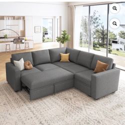 HONBAY L-Shape Sleeper Sectional Sofa with Storage Chaise and Pull-Out Bed for Living Room and Apartment, Dark Grey