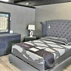 Grey velvet gray bedroom set 4 pieces new