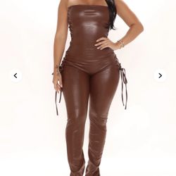 On PU Leather Jumpsuit - Brown