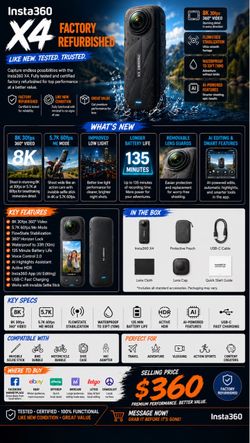 🆕 Insta360 X4 8K 360° Action Camera – Factory Refurbished – $370