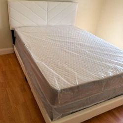 New WHITE BED FRAME QUEEN SIZE WITH MATTRESS FREE BOXSPRING SET QUEEN BED SET 