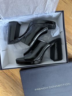 French Connection Pilar Slip On Chunky Heel Sandal Mules Black Vegan Leather 10