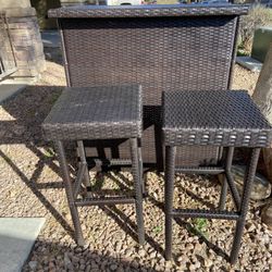Outdoor Patio Bar Set – Wicker Resin Bar + 2 Stools + Storage Cabinet
