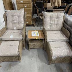 New 5 Piece Poly Rattan Patio Conversation Set, Recliner & Ottoman with Coffee Side Table