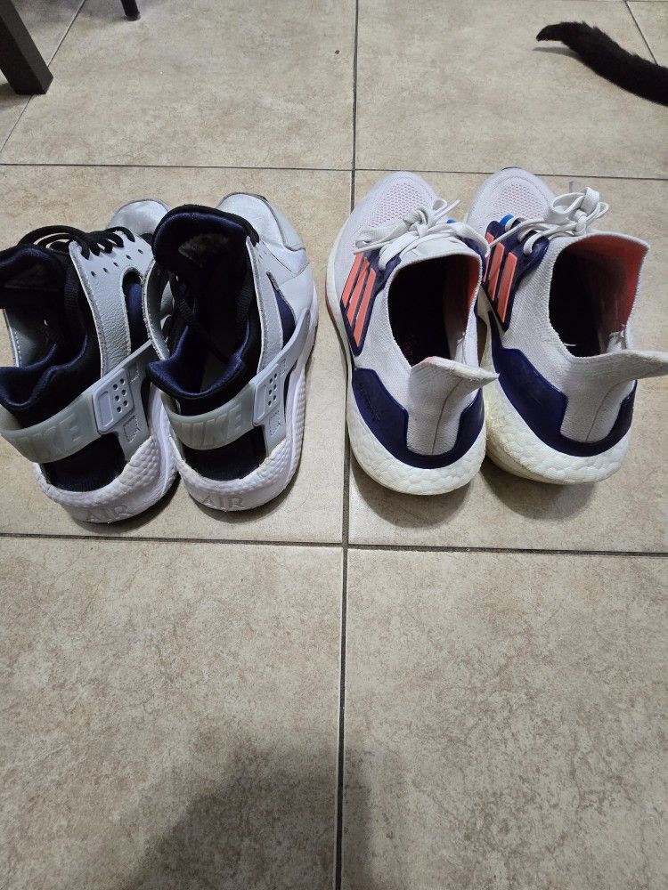 Adidas Womens UltraBoost 22 GX5589 White Blue Running Shoes Sneakers Size 6 US And Air Huarache "Grey Fog Obsidian" sneakers Both Of Them Are 8.5