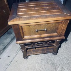 Rustic Solid Wood End Table w/ Storage Drawer & Brass Front – Vintage Spanish Style