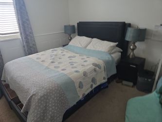Queen size bed frame plus 2 night stand and 2 lampshades