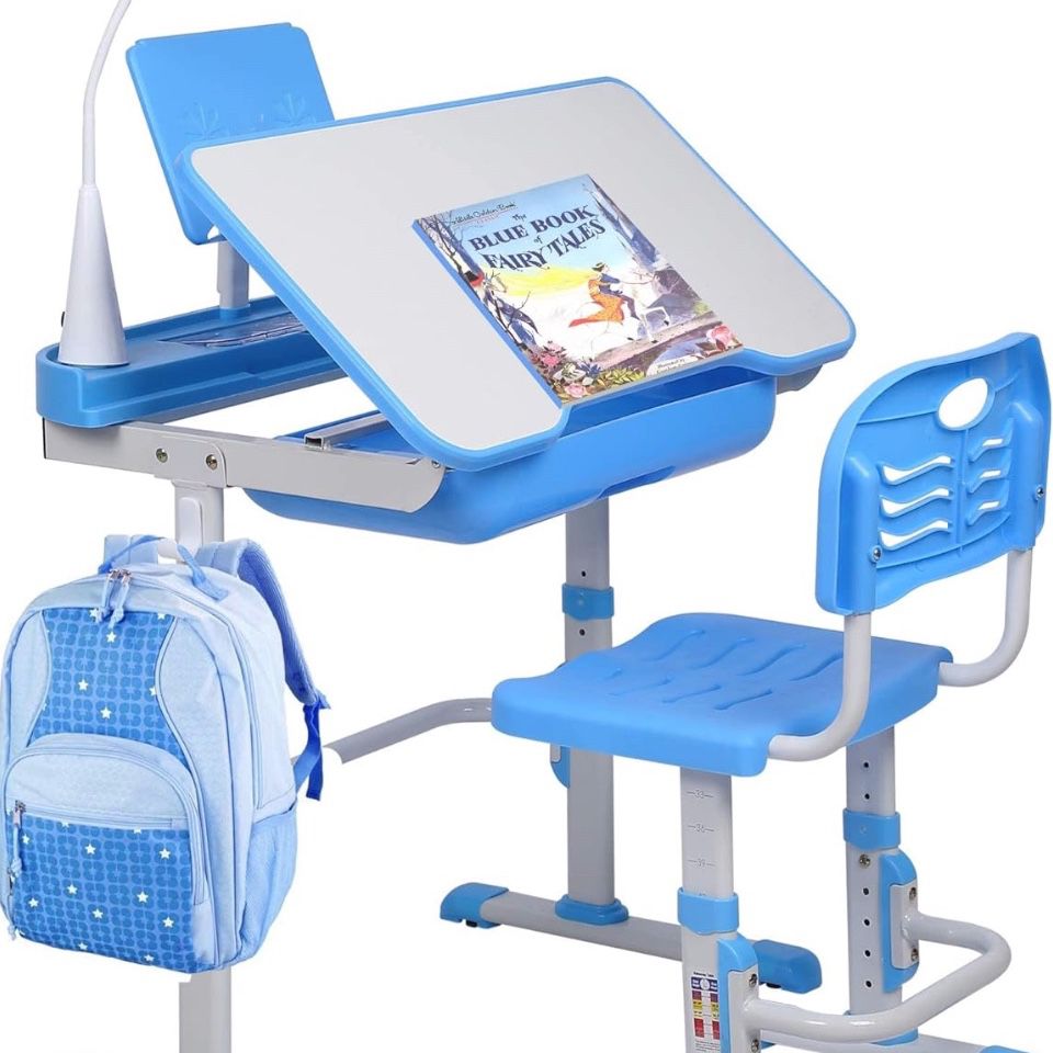 Kids Desk and Chair Set, Height Adjustable Child's School Study Writing Tables with Tilt Desktop, LED Light, Storage Drawer, Book Stand (Blue)