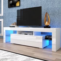 Modern White TV Stand, 20 Colors LED TV Stand w/Remote Control Lights