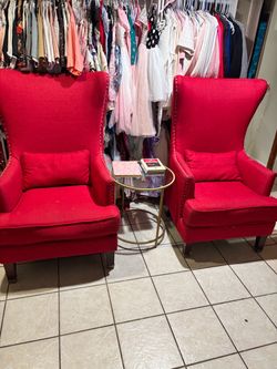 Pair of High-Back Red Wingback Accent Chairs with Nailhead Trim