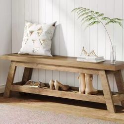 LD0015 55" Wood Entryway Bench with Shoe Storage, Large 2-Tier Narrow Hallway Foyer Seating Bench with Open Shelves for Entryway, Bedroom, Mudroom