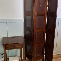 Furniture Bundle: USB Charging End Table & 3-Panel Wood Room Divider