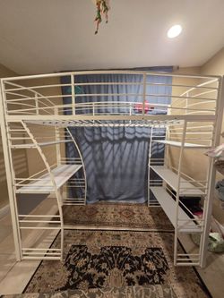 Twin Metal Loft Bed with Desk and Shelves, Off White