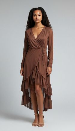 Brown Lace Trim Wrap Midi Dress