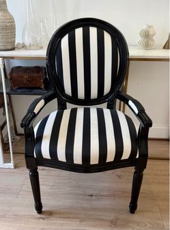 Parisian Louis XVI-style Carved Black Lacquer Wood Frame w/ Black & White Vertical Striped Fabric