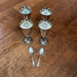 4 Silver Plated Wine Goblets & 3 Spoons, a fork, and knife