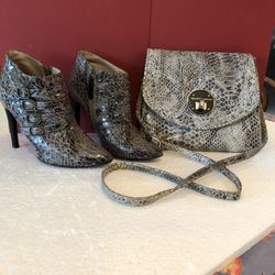 Set Ankle Boots Black & Gray Snake Leather Size 6.5 M Women & Matching crossbody hand bag